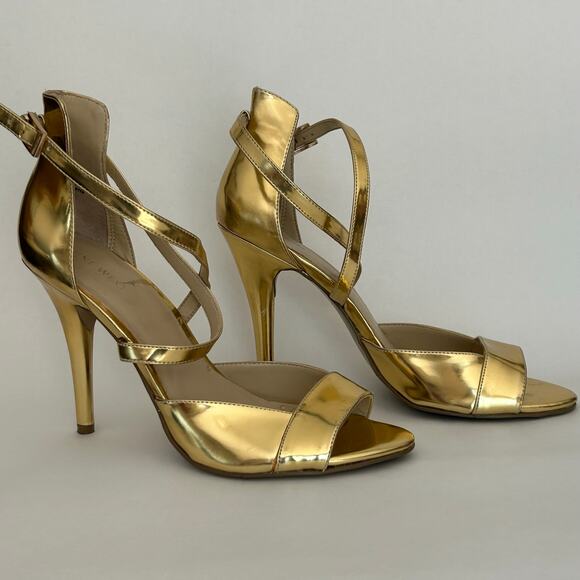 Nine West Gold Heels 8.5M USA strappy open toe 4”heel height - Picture 1 of 5